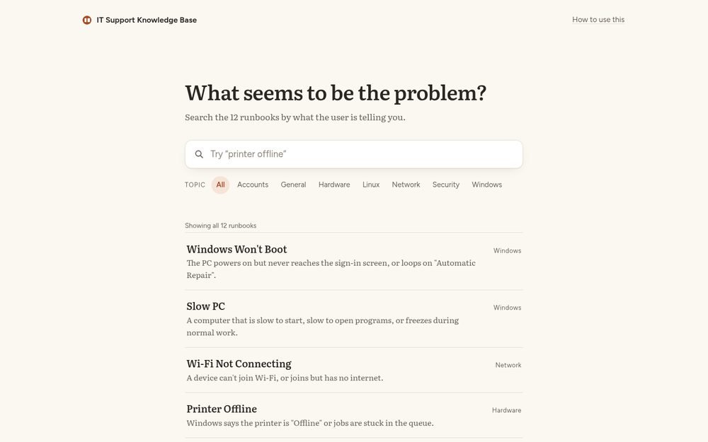 IT Support Knowledge Base home page with a search box, topic filters and a list of troubleshooting runbooks such as Windows Won&rsquo;t Boot and Slow PC